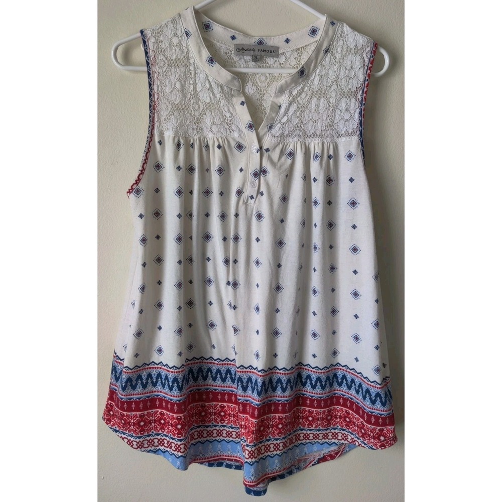 Absolutely Famous Women's XL Sleeveless Blouse with Lace Detail Red/White/Blue